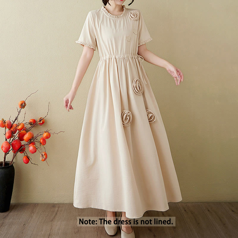 Buddha Stones立体フラワーフリル半袖コットンリネンミディドレス ポケット付き - image 18