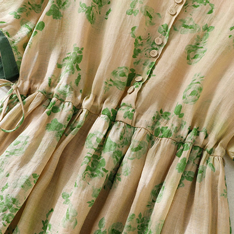 Buddha Stonesプリントボタンドローストリングハイウエスト半袖コットンミディドレス（ポケット付き） - image 15