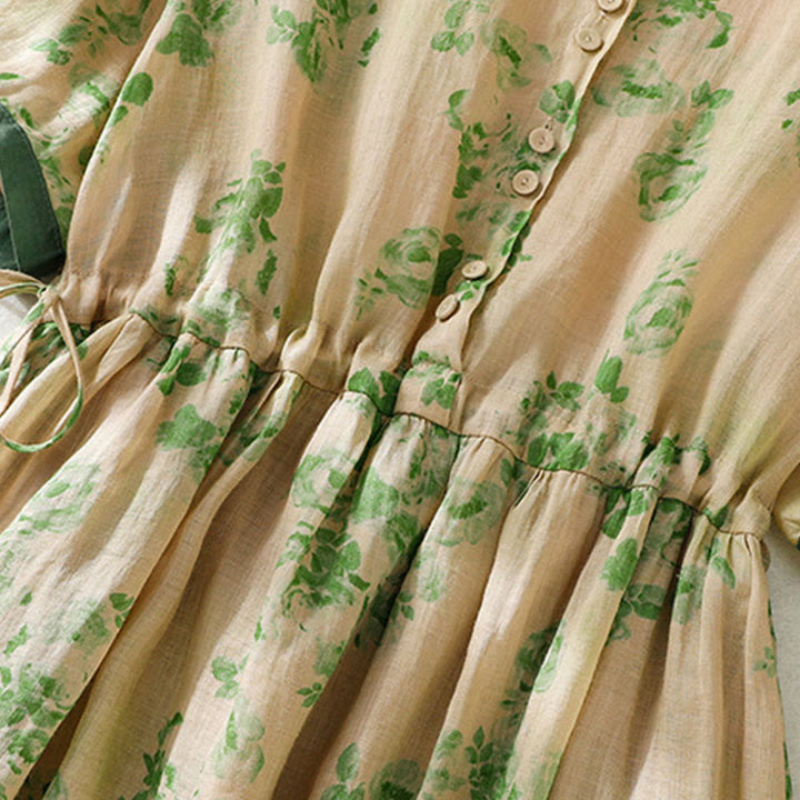 Buddha Stonesプリントボタンドローストリングハイウエスト半袖コットンミディドレス（ポケット付き） - image 15