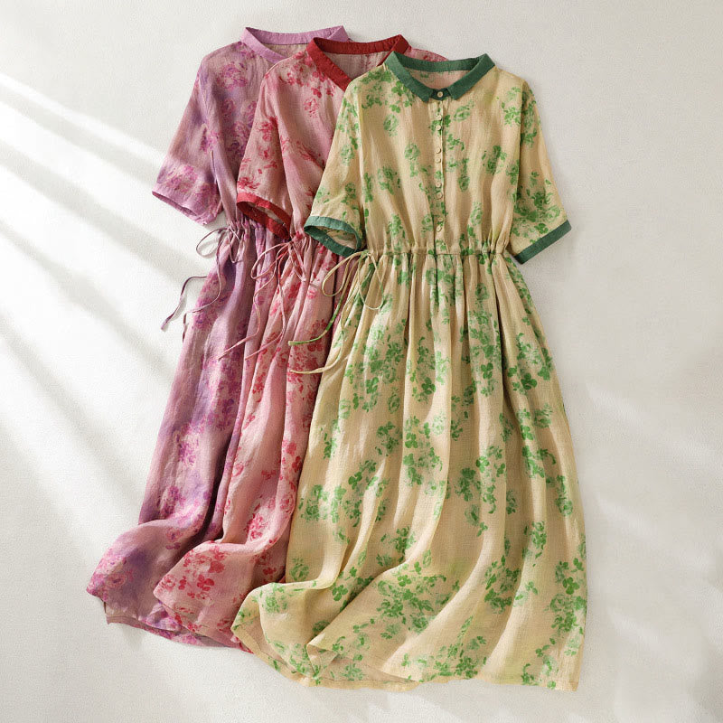 Buddha Stonesプリントボタンドローストリングハイウエスト半袖コットンミディドレス（ポケット付き） - image 28