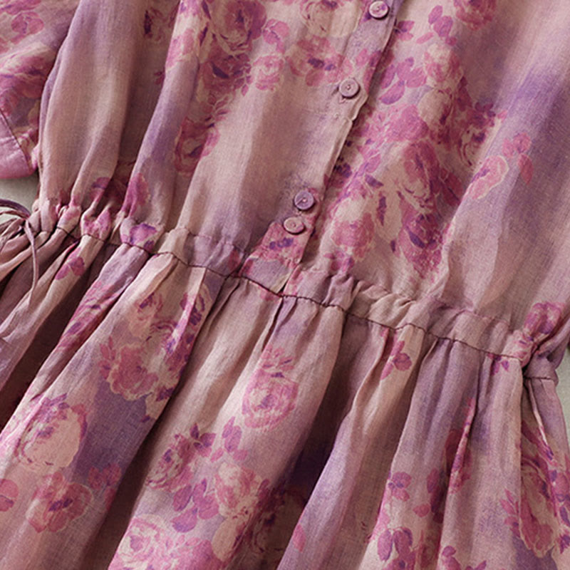 Buddha Stonesプリントボタンドローストリングハイウエスト半袖コットンミディドレス（ポケット付き） - image 24