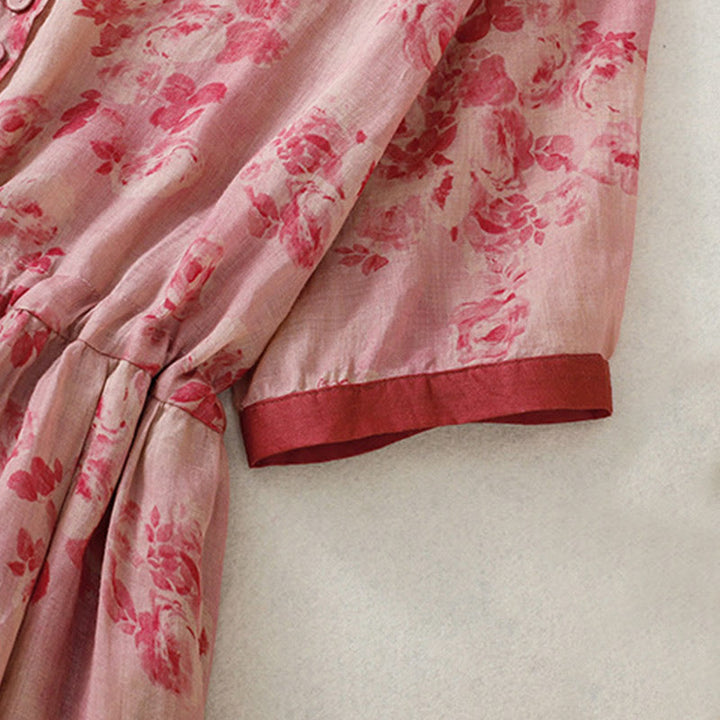 Buddha Stonesプリントボタンドローストリングハイウエスト半袖コットンミディドレス（ポケット付き） - image 5