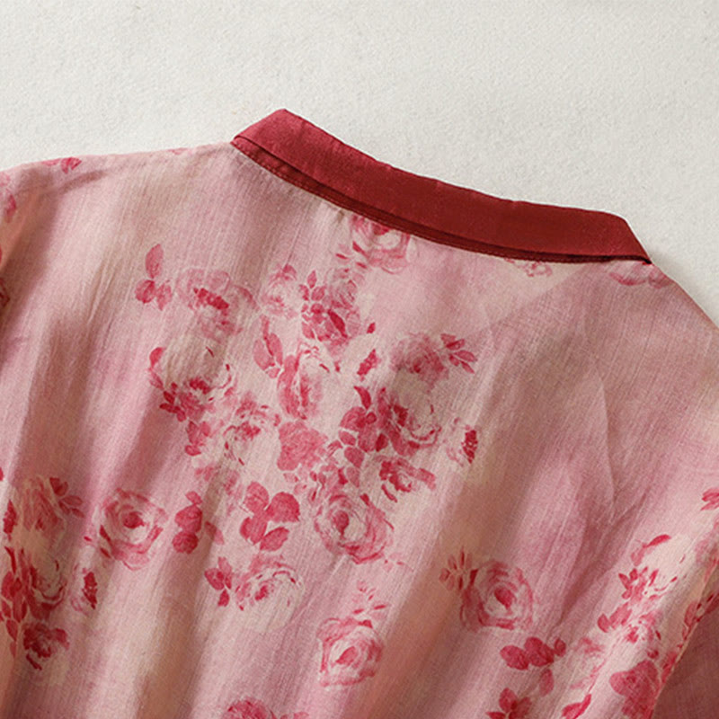 Buddha Stonesプリントボタンドローストリングハイウエスト半袖コットンミディドレス（ポケット付き） - image 3