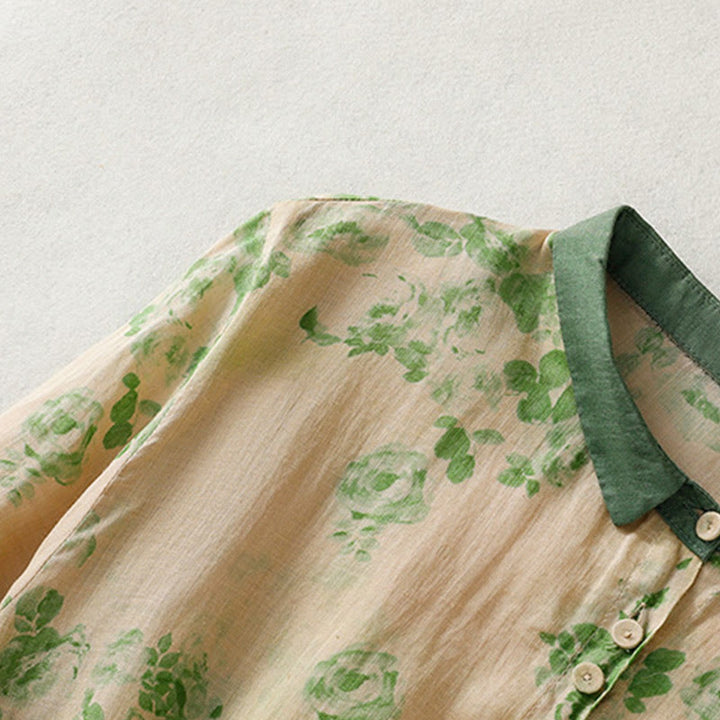 Buddha Stonesプリントボタンドローストリングハイウエスト半袖コットンミディドレス（ポケット付き） - image 11