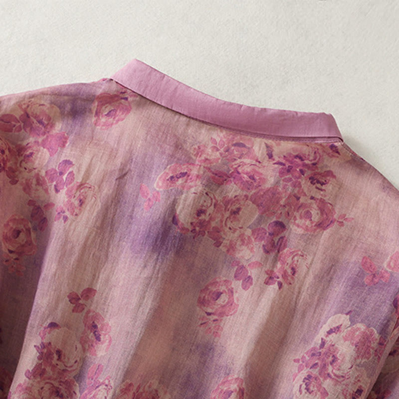 Buddha Stonesプリントボタンドローストリングハイウエスト半袖コットンミディドレス（ポケット付き） - image 23