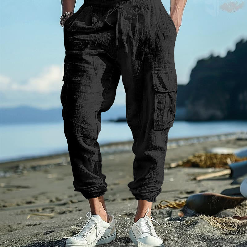 Buddha Stones無地リネン ドローストリング メンズ カーゴパンツ ポケット付き - 黒 - US/UK/AU46、 EU56 (3XL) - image 1