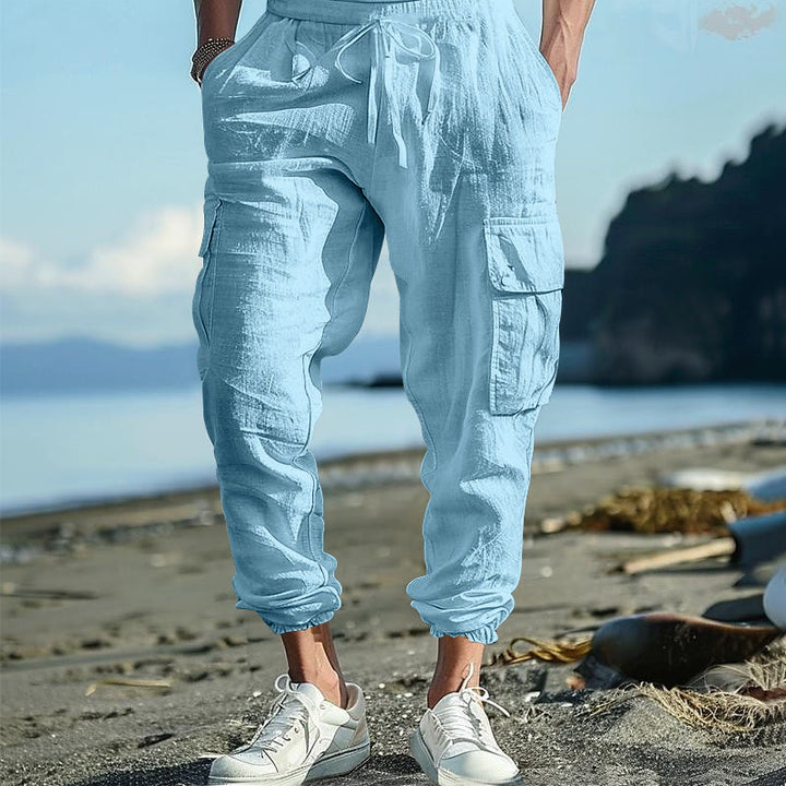 Buddha Stones無地リネン ドローストリング メンズ カーゴパンツ ポケット付き - ライトスカイブルー - US/UK/AU46、 EU56 (3XL) - image 8