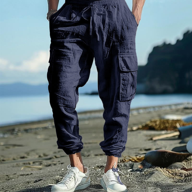 Buddha Stones無地リネン ドローストリング メンズ カーゴパンツ ポケット付き - スティールブルー - US/UK/AU46、 EU56 (3XL) - image 29