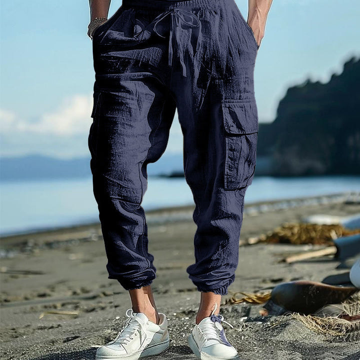 Buddha Stones無地リネン ドローストリング メンズ カーゴパンツ ポケット付き - スティールブルー - US/UK/AU46、 EU56 (3XL) - image 29