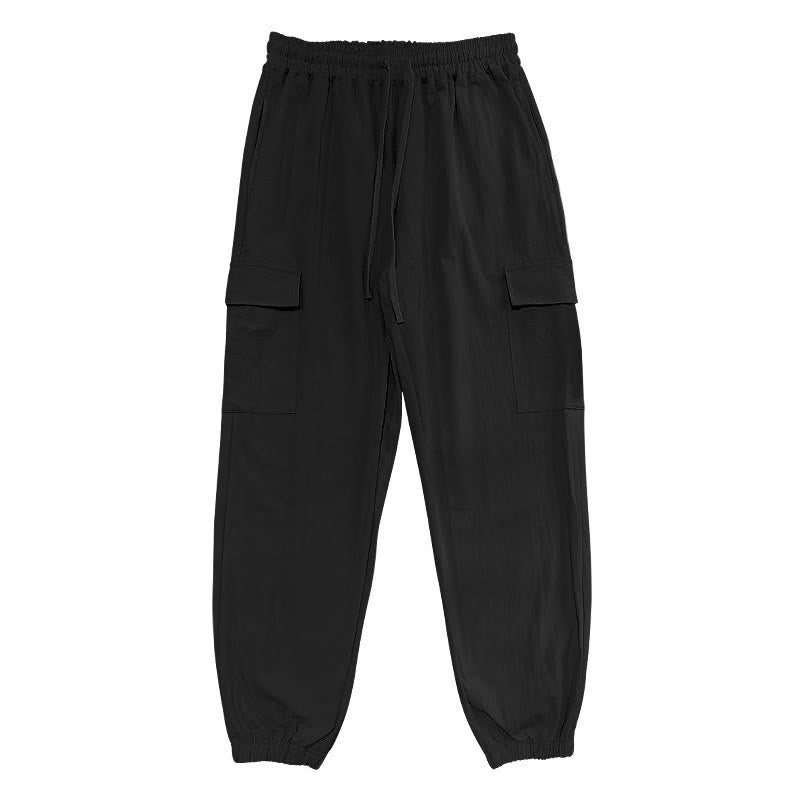 Buddha Stones無地リネン ドローストリング メンズ カーゴパンツ ポケット付き - image 4