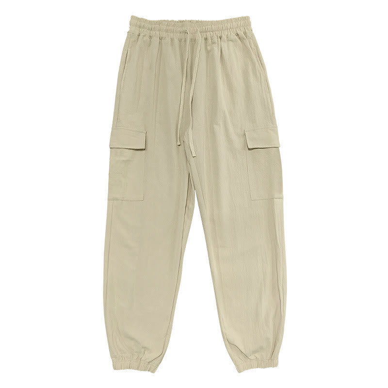 Buddha Stones無地リネン ドローストリング メンズ カーゴパンツ ポケット付き - image 23