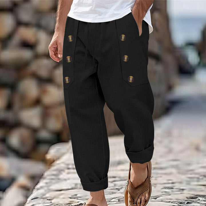 Buddha Stonesカジュアル 無地 ボタン メンズ コットンパンツ ポケット付き - 黒 - US/UK/AU46、 EU56 (3XL) - image 9