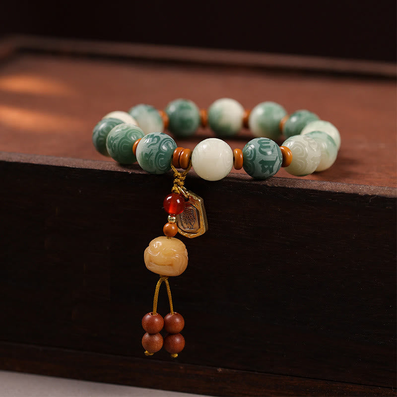 Buddha Stonesグラデーション菩提樹種オーム・マニ・パドメ・フム彫刻ザキラム平和ブレスレット - 菩提樹とザキラム（手首周り：15～16cm） - image 1