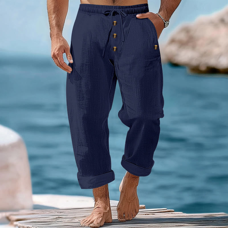 Buddha Stones無地ボタン ドローストリング メンズ コットンパンツ ポケット付き - スティールブルー - US/UK/AU46、 EU56 (3XL) - image 1