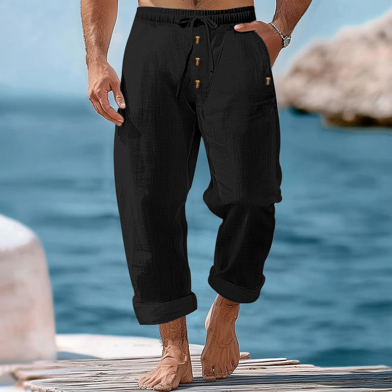 Buddha Stones無地ボタン ドローストリング メンズ コットンパンツ ポケット付き - 黒 - US/UK/AU46、 EU56 (3XL) - image 15