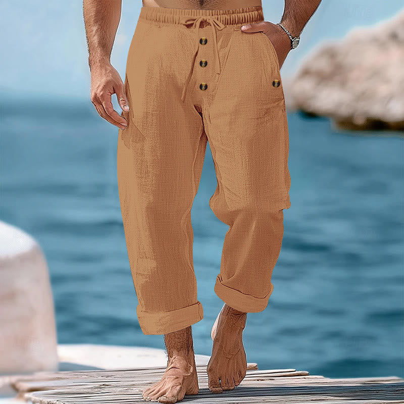 Buddha Stones無地ボタン ドローストリング メンズ コットンパンツ ポケット付き - サンディブラウン - US/UK/AU46、 EU56 (3XL) - image 48