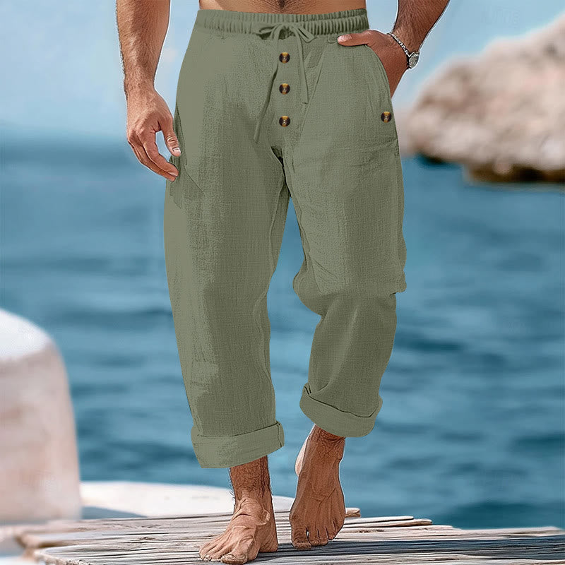 Buddha Stones無地ボタン ドローストリング メンズ コットンパンツ ポケット付き - ダークシーグリーン - US/UK/AU46、 EU56 (3XL) - image 27
