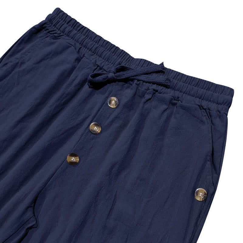 Buddha Stones無地ボタン ドローストリング メンズ コットンパンツ ポケット付き - image 4