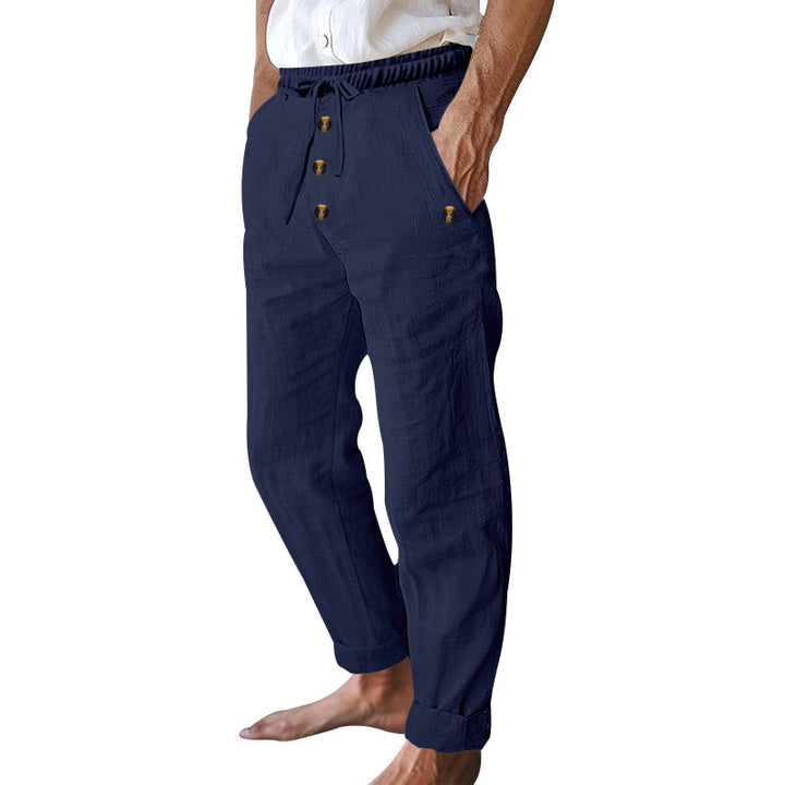 Buddha Stones無地ボタン ドローストリング メンズ コットンパンツ ポケット付き - image 4