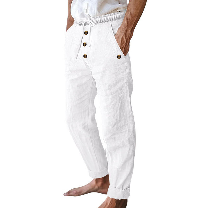 Buddha Stones無地ボタン ドローストリング メンズ コットンパンツ ポケット付き - image 11