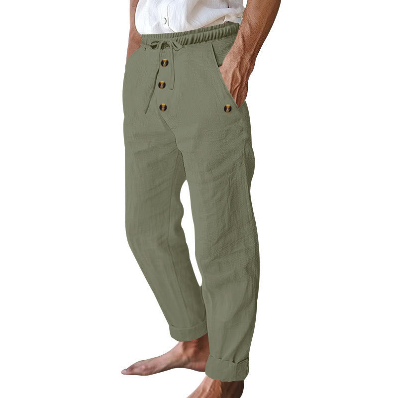 Buddha Stones無地ボタン ドローストリング メンズ コットンパンツ ポケット付き - image 30