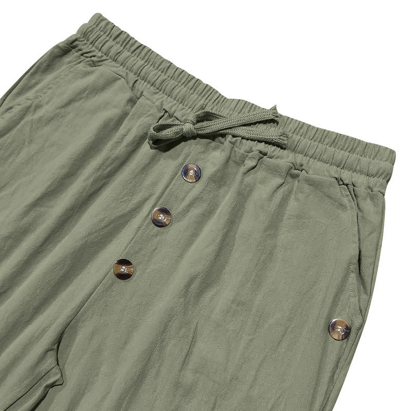 Buddha Stones無地ボタン ドローストリング メンズ コットンパンツ ポケット付き - image 31