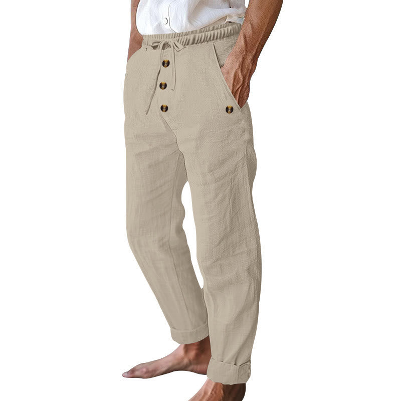 Buddha Stones無地ボタン ドローストリング メンズ コットンパンツ ポケット付き - image 37