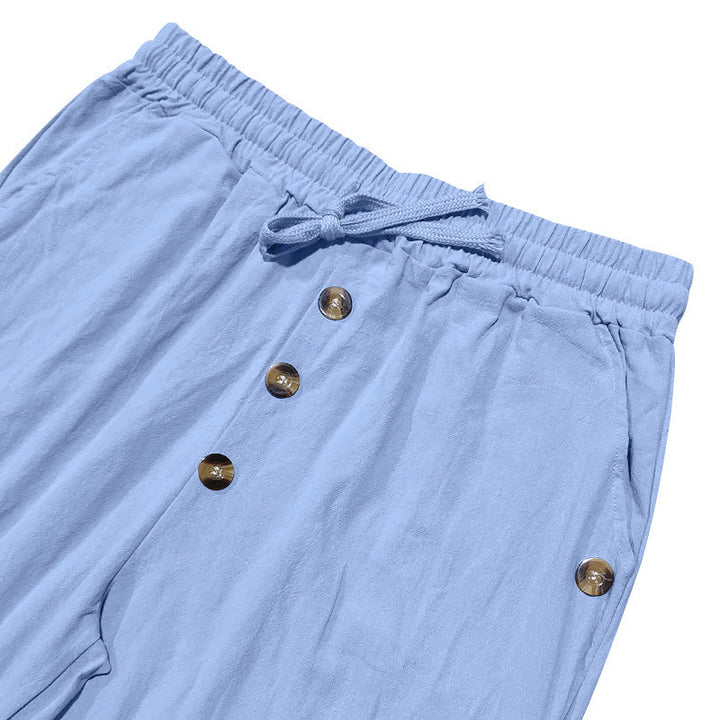 Buddha Stones無地ボタン ドローストリング メンズ コットンパンツ ポケット付き - image 45