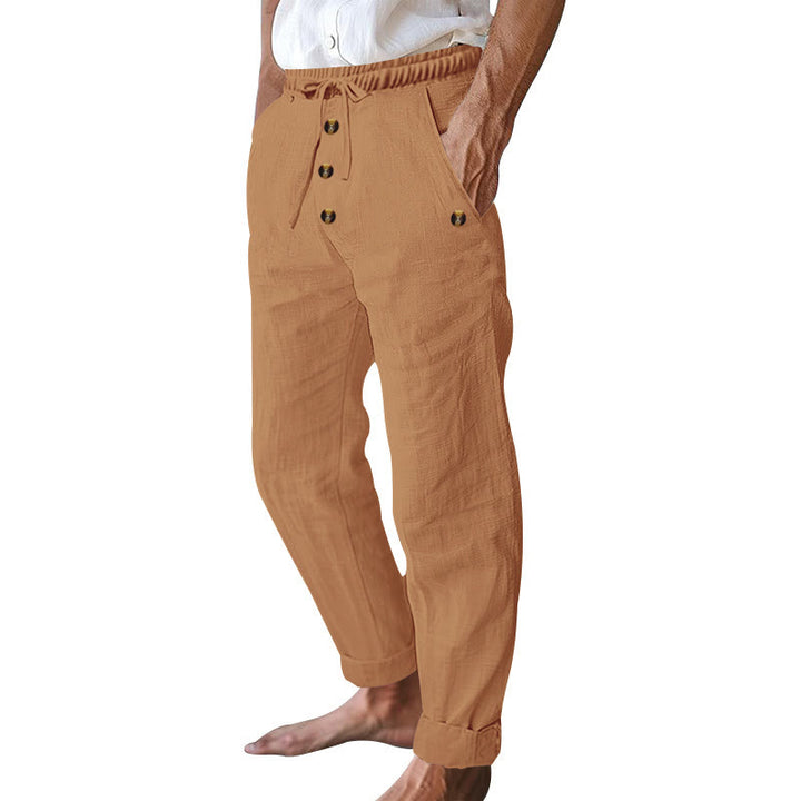 Buddha Stones無地ボタン ドローストリング メンズ コットンパンツ ポケット付き - image 51