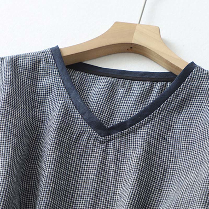 Buddha Stones Commute ミッドナイトブルー レースアップ ハーフスリーブデザイン コットンリネン ミディドレス ポケット付き - image 2