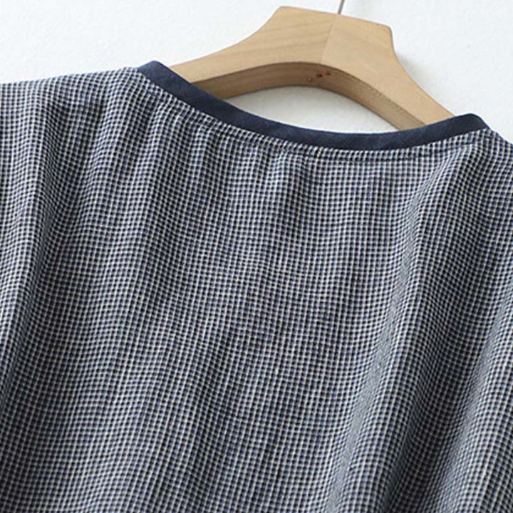 Buddha Stones Commute ミッドナイトブルー レースアップ ハーフスリーブデザイン コットンリネン ミディドレス ポケット付き - image 4