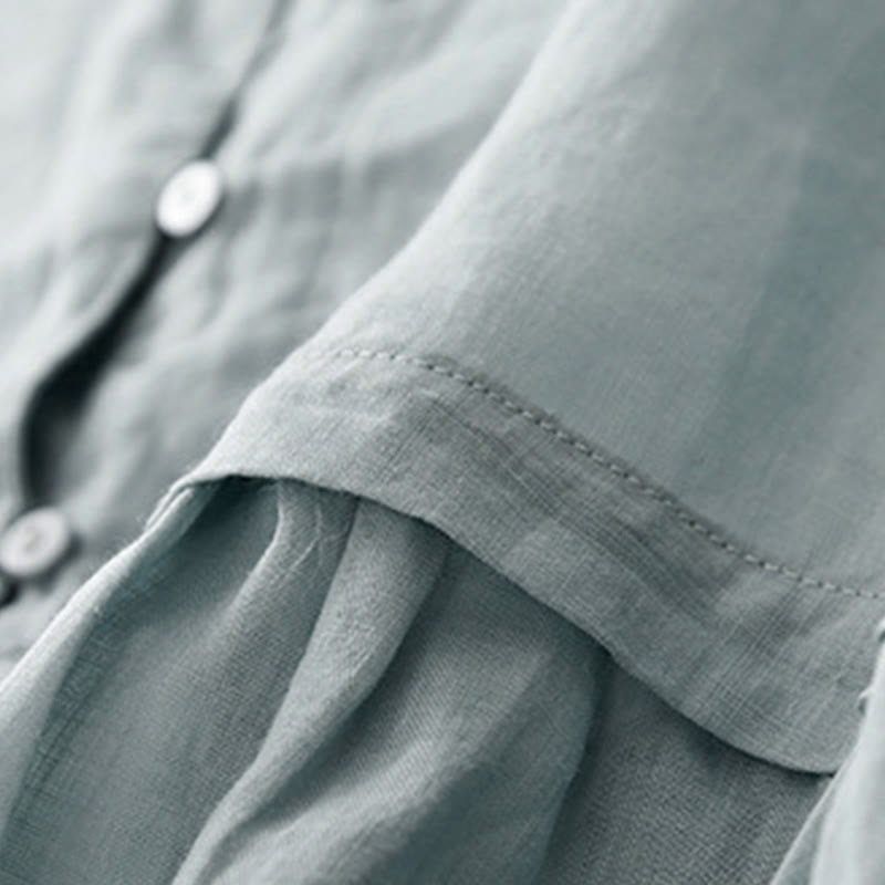 Buddha Stones刺繍フロントボタンデザインレディースコットン七分袖シャツ  - image 4