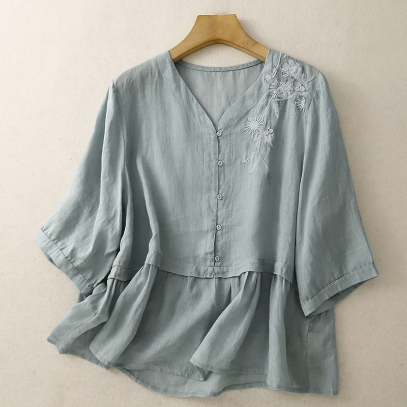 Buddha Stones刺繍フロントボタンデザインレディースコットン七分袖シャツ  - image 0