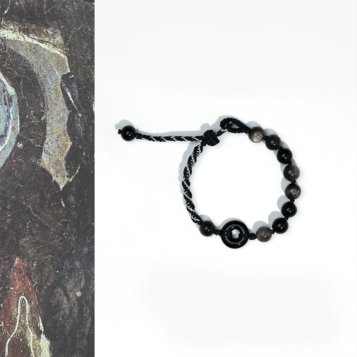 Buddha Stones天然黒曜石平和のお守りチャーム浄化黒ロープブレスレット - ブラックオブシディアン平和のお守りチャーム（手首周り：15～22cm） - image 1