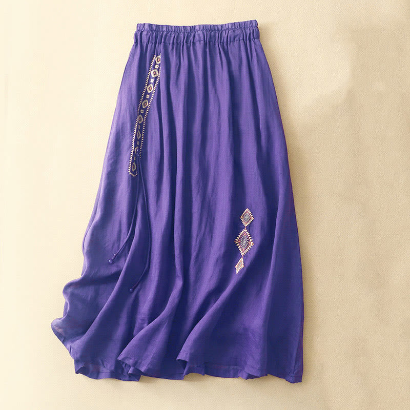 Buddha Stonesエスニックヴィンテージ刺繍ボタンデザインレディースコットンリネン7-8丈スカート - ダークバイオレット - US8-10，UK/AU12-14，EU40-42 (2XL) - image 0