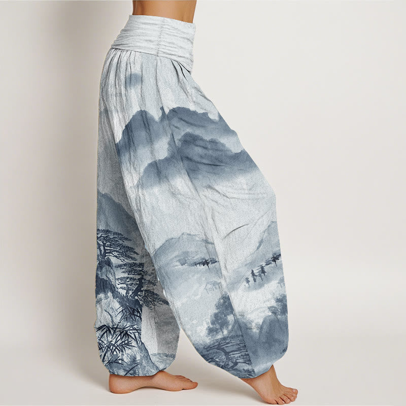 Buddha Stones純綿 山 木 風景 水墨画 レディース 伸縮性ウエスト ハーレムパンツ