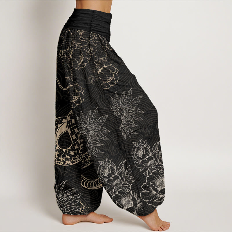 Buddha Stonesピュアコットン スネークロータス レディース 伸縮性ウエスト ハーレムパンツ