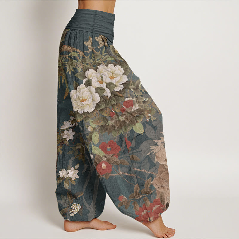 Buddha Stonesピュアコットン カジュアル 牡丹 花 葉 マグパイ レディース 伸縮性ウエスト ハーレムパンツ - image 1