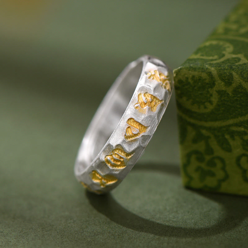 Buddha Stones999スターリングシルバー ハンマーパターンオーム・マニ・パドメ・フムバランスリング - image 1