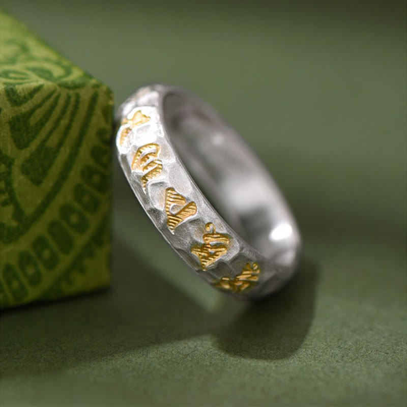 Buddha Stones999スターリングシルバー ハンマーパターンオーム・マニ・パドメ・フムバランスリング - image 3