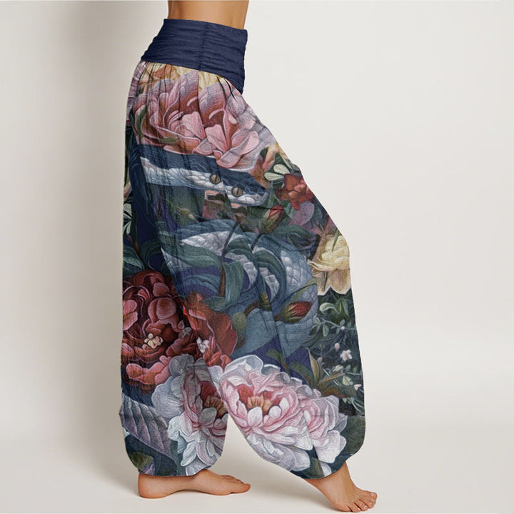 Buddha Stones純綿 蛇 牡丹 花 葉柄 レディース 伸縮性ウエスト ハーレムパンツ
