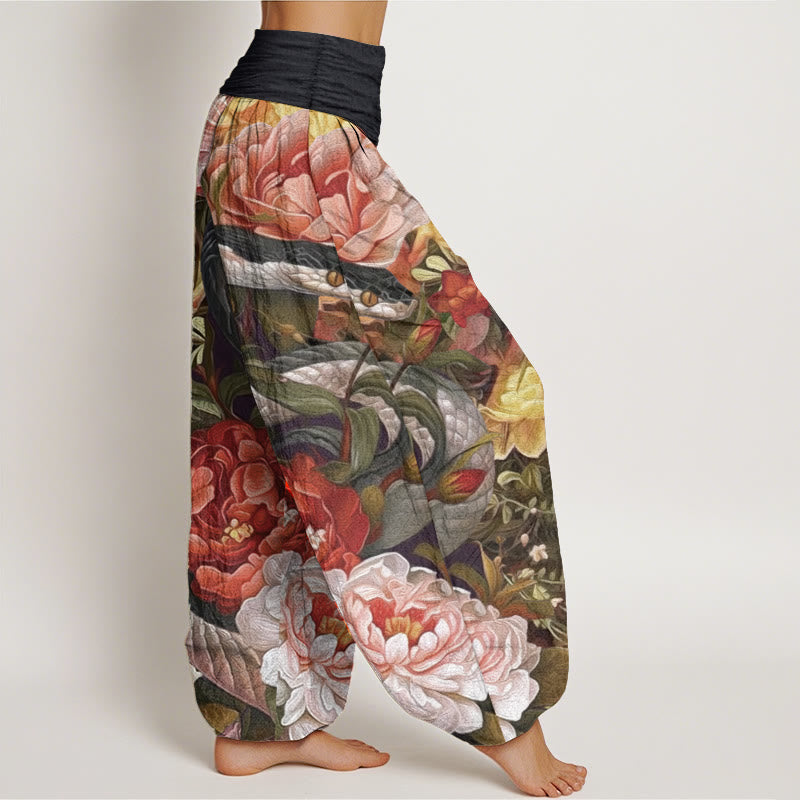 Buddha Stones純綿 蛇 牡丹 花 葉柄 レディース 伸縮性ウエスト ハーレムパンツ
