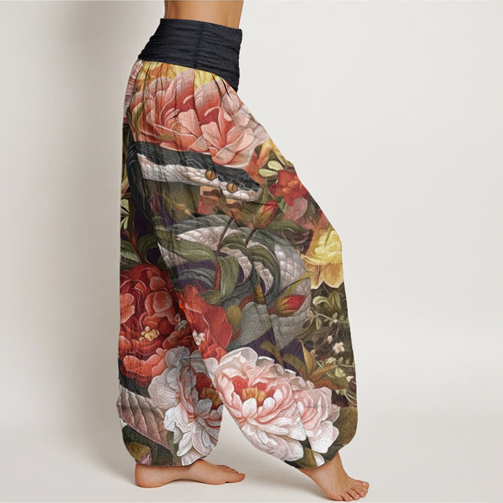 Buddha Stones純綿 蛇 牡丹 花 葉柄 レディース 伸縮性ウエスト ハーレムパンツ