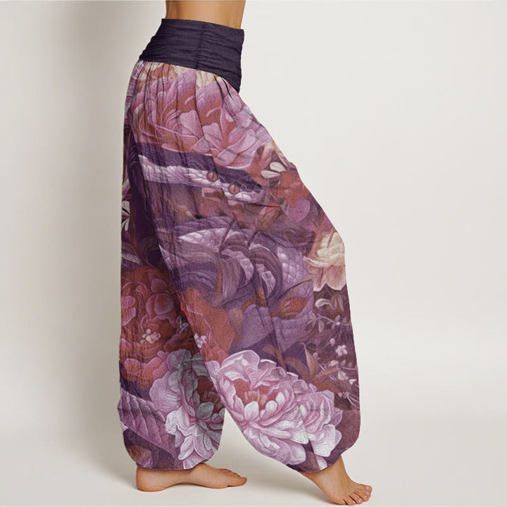 Buddha Stones純綿 蛇 牡丹 花 葉柄 レディース 伸縮性ウエスト ハーレムパンツ