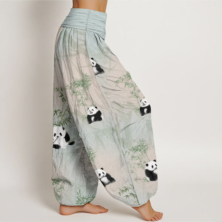 Buddha Stonesピュアコットン パンダ 竹柄 レディース 伸縮性ウエスト ハーレムパンツ