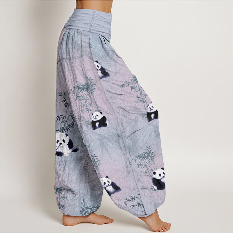 Buddha Stonesピュアコットン パンダ 竹柄 レディース 伸縮性ウエスト ハーレムパンツ