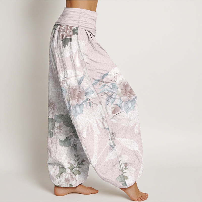 Buddha Stonesピュアコットン 花柄 ホワイトリーフ レディース 伸縮性ウエスト ハーレムパンツ