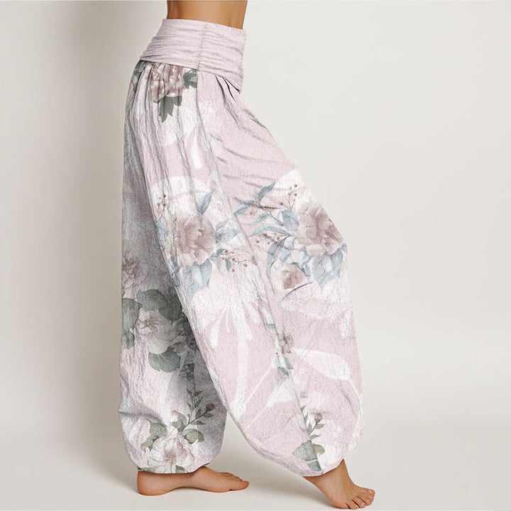 Buddha Stonesピュアコットン 花柄 ホワイトリーフ レディース 伸縮性ウエスト ハーレムパンツ