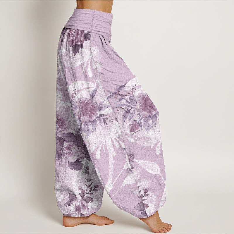 Buddha Stonesピュアコットン 花柄 ホワイトリーフ レディース 伸縮性ウエスト ハーレムパンツ