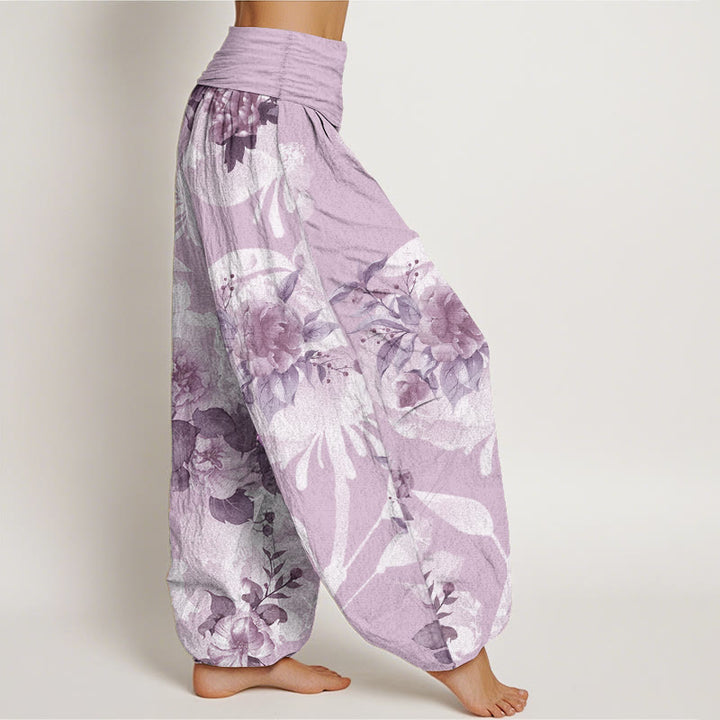 Buddha Stonesピュアコットン 花柄 ホワイトリーフ レディース 伸縮性ウエスト ハーレムパンツ